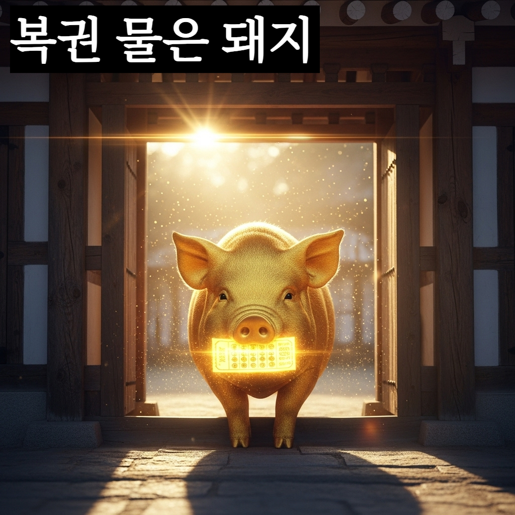 온화한 미소를 지으며 입에 황금빛 복권을 물고 집 안으로 들어오는 복스러운 황금돼지의 신비롭고 장엄한 모습