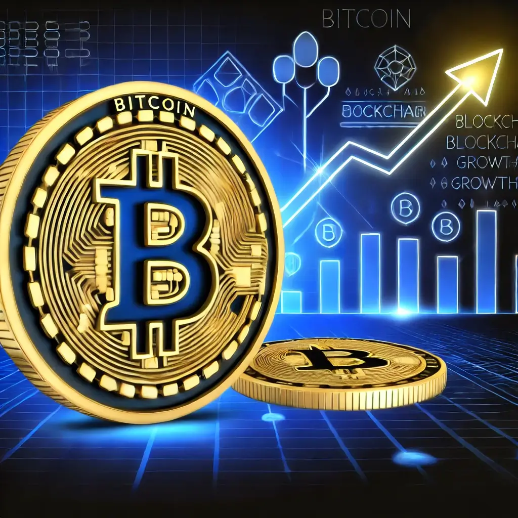 비트코인과 관련된 이미지, B 로고가 박힌 동그란 코인 모양이 왼쪽에 있고 오른쪽에는 차트가 상상하는 그림이 그려져 있다.