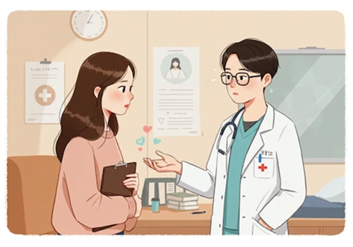 따뜻한 디지털 일러스트 스타일로 그린 병원에서 의사와 상담하는 여성 이미지