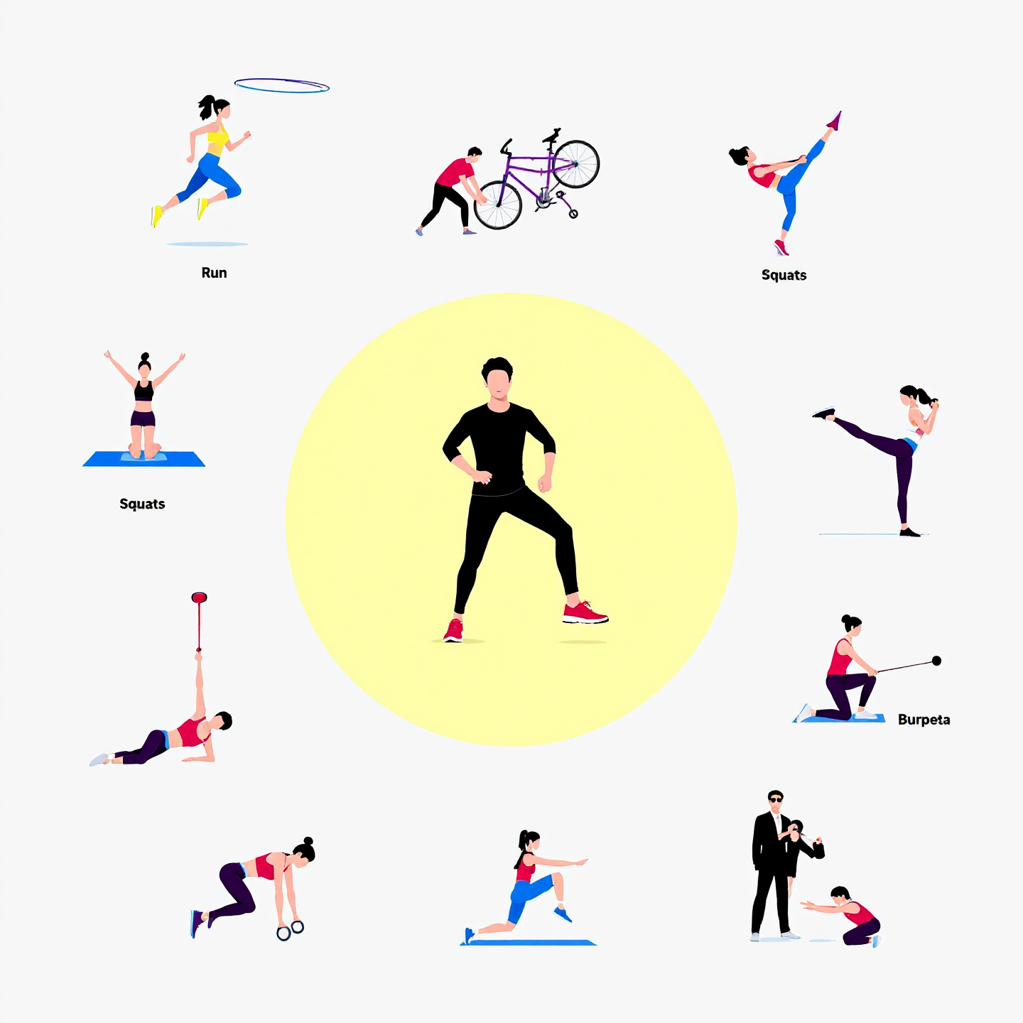 달리기, 자전거, 줄넘기 웨이트 트레이닝, 스쿼트, 푸쉬업 요가, 필라테스, 스트레칭 버피 테스트, 타바타 운동