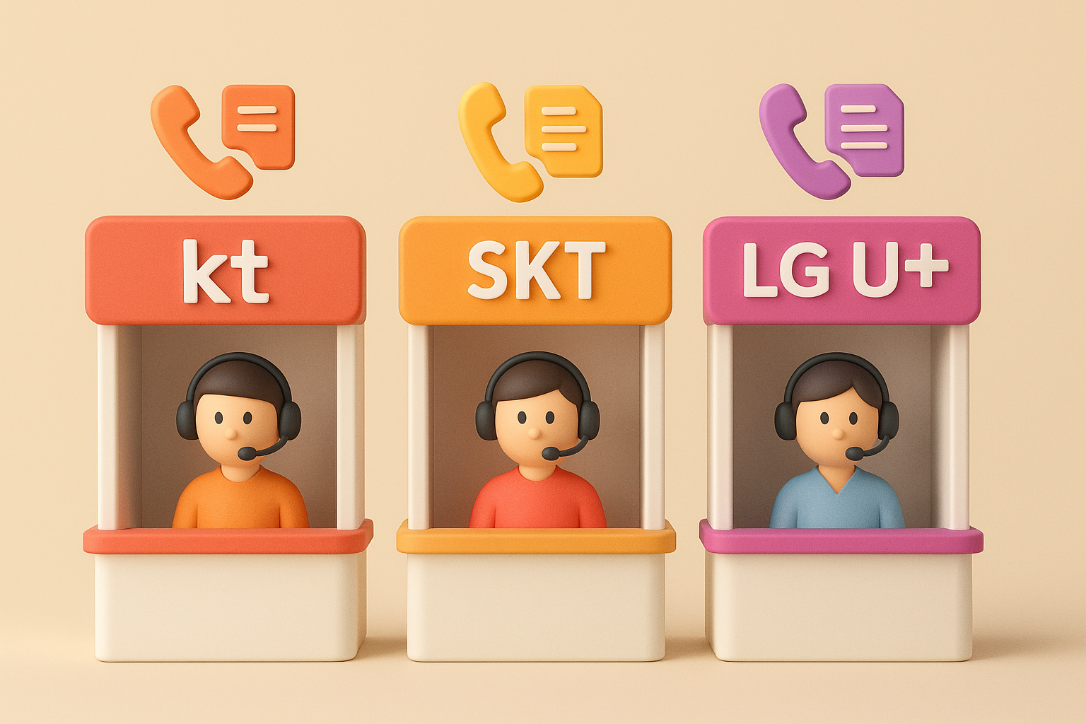 3D 렌더링된 일러스트로 KT&amp;#44; SKT&amp;#44; LG U+ 고객센터 부스가 나란히 배치되어 있으며&amp;#44; 각 부스에는 헤드셋을 착용한 상담원이 있고&amp;#44; 상단에는 전화기와 문서 아이콘이 떠 있는 모습