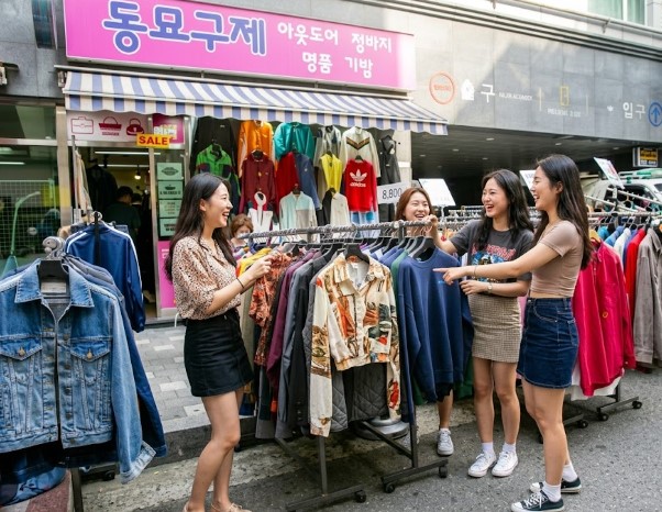 동묘 인근 맛집을 찾기 전에 시장 구경을 하는 20대 여성들