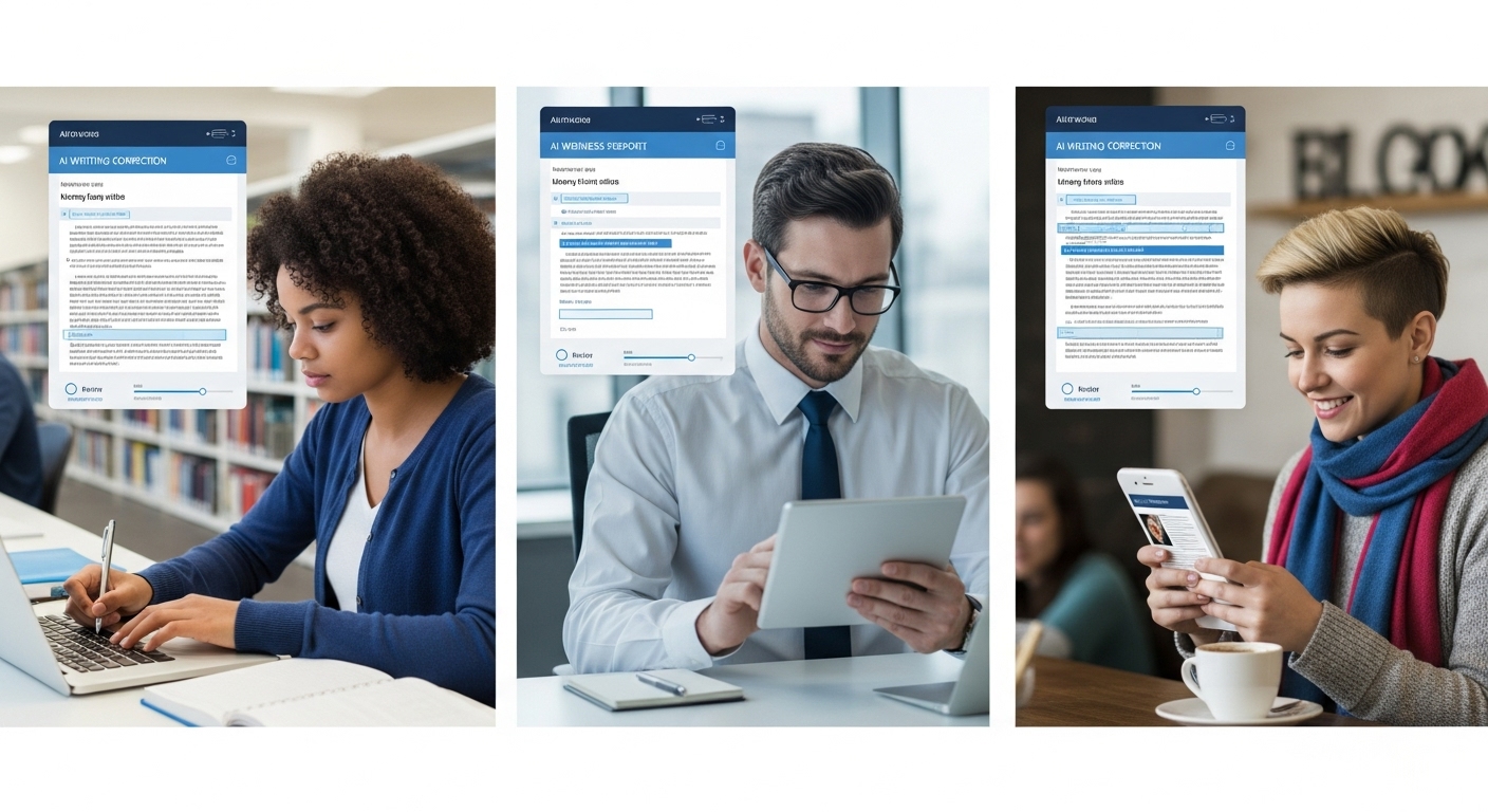 학생, 직장인, 블로거 등 다양한 사람들이 AI 교정 툴을 이용해 학술 논문, 보고서, 블로그 글 등을 작성하는 모습, AI 활용의 폭넓은 시나리오를 보여줌.