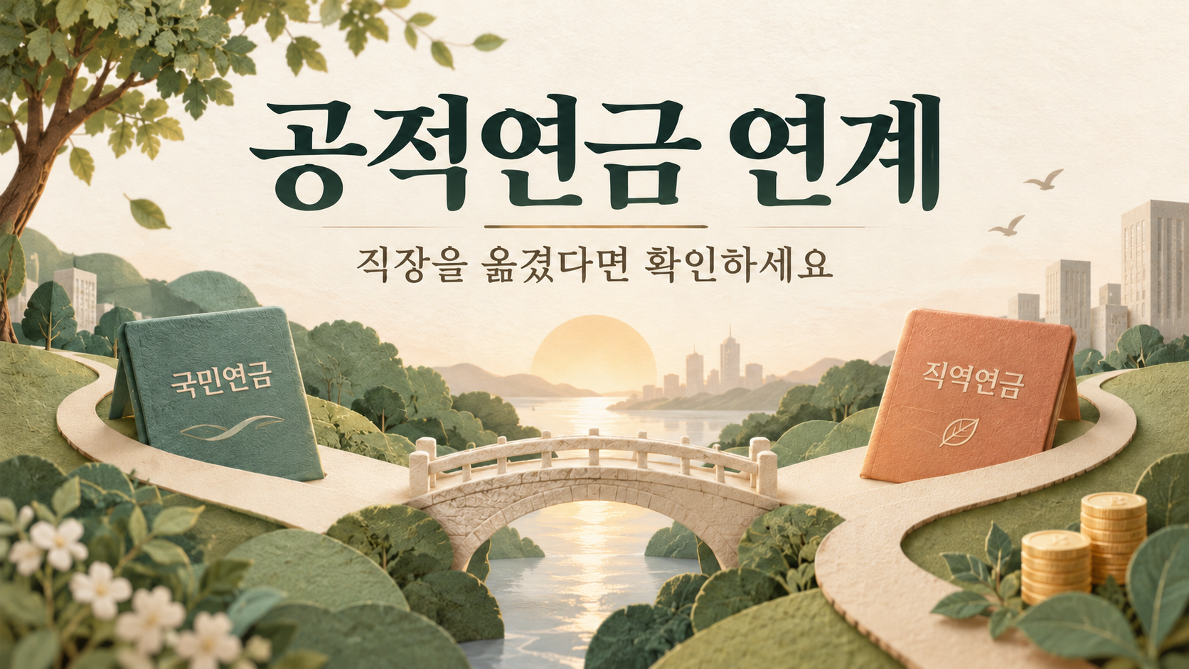 국민연금과 직역연금을 다리로 연결한 크림색 입체 일러스트와 공적연금 연계 제목