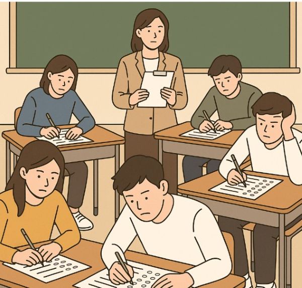 고등학생이 교실에서 수능 모의고사를 집중해서 응시하는 모습