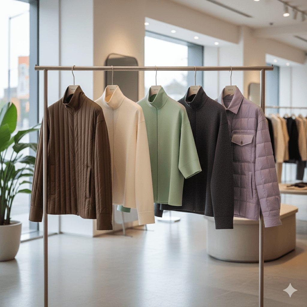 다양한 디자인과 색상의 경량패딩이 나란히 걸려있는 행거