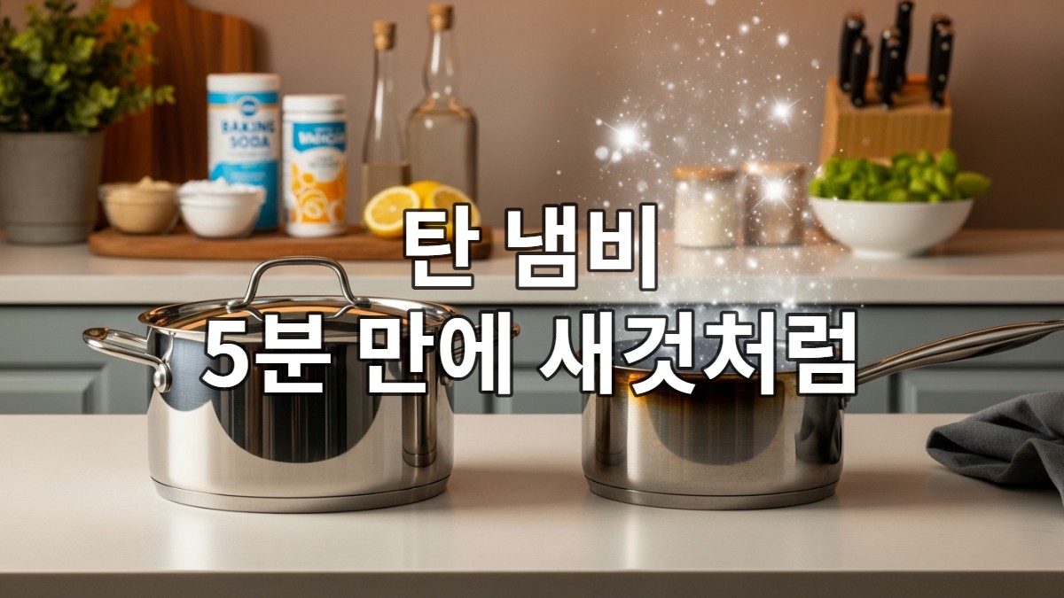 새것처럼 깨끗하게 빛나는 스테인리스 냄비와 옆에 놓인 탄 냄비가 극적인 대비를 이루며, 냄비 세척 비법을 암시하는 주방용품들이 함께 연출된 모습