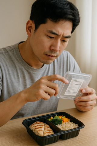 다이어트 도시락 선정 전 주요 성분을 확인하고 있는 남성