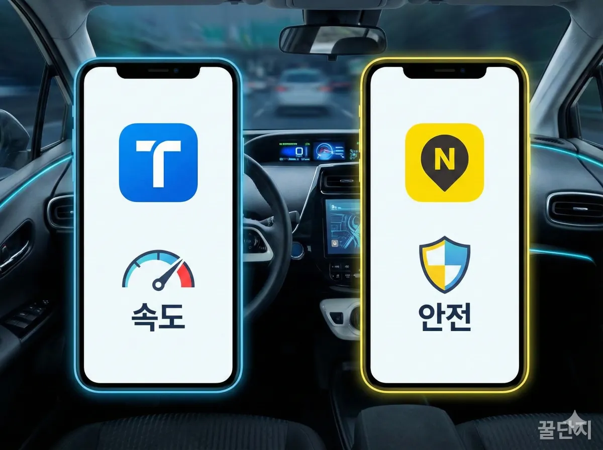 T맵과 카카오내비 스마트폰 실행 화면 비교