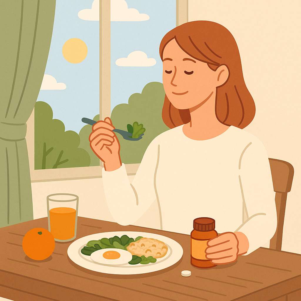 햇빛이 드는 창가에서 건강한 아침 식사와 보조제를 챙기는 여성의 모습