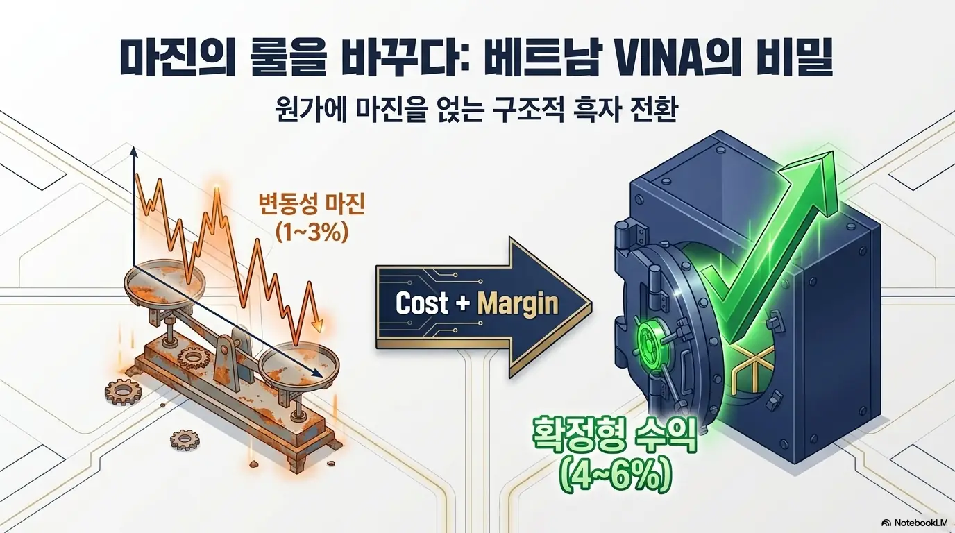 하나마이크론 주가 전망: 베트남 VINA 법인의 마진 구조 전환을 저울과 금고로 표현한 이미지. 1~3%의 변동성 마진에서 원가에 마진을 더하는 &amp;#39;Cost+Margin&amp;#39; 방식으로 바뀌며 4~6%의 확정형 수익으로 흑자 전환한 과정을 보여준다. 하나마이크론 514% 영업이익 점프의 핵심 동력을 설명한다.