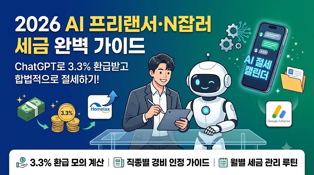 '2026 AI 프리랜서・N잡러 세금 완벽 가이드'를 주제로, 프리랜서와 AI 로봇이 함께하며 'ChatGPT로 3.3% 환급'을 강조하고, 주변에는 환급과 수익 관리 아이콘이 떠 있으며, 하단에는 '3.3% 환급 모의 계산 ❘ 직종별 경비 인정 가이드 ❘ 월별 세금 관리 루틴'이라는 세 가지 핵심 내용이 명시된 블로그 썸네일 이미지입니다.