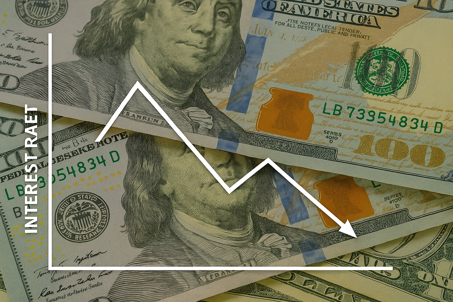 US dollar bills with interest rate chart overlay no people