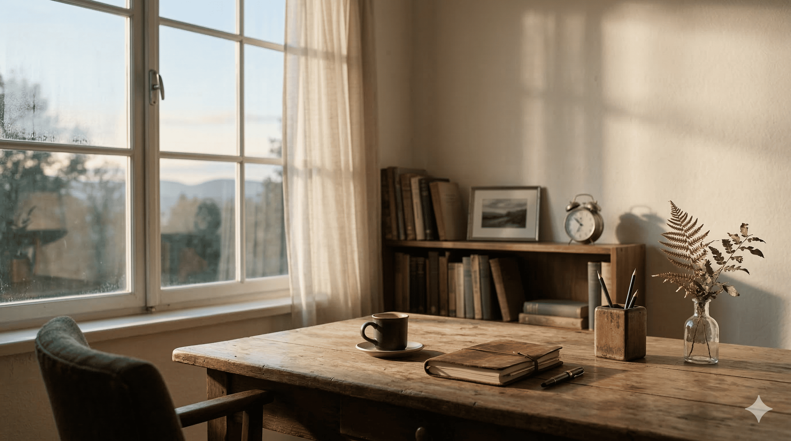 잔잔한 새벽 창가에서 새로운 가능성을 떠올리는 순간, 구글 제미나이 활용법을 고민하는 고요한 장면