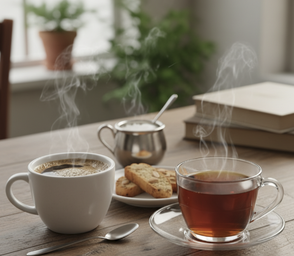 테이블 위에 커피와 홍차가 있다. 창가에는 화분이 있다.