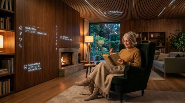 An elderly person relaxing in a modern, warm living room with subtle digital interfaces integrated into the wooden walls and ceiling, representing invisible technology for safety and comfort, 8k resolution, cinematic lighting.