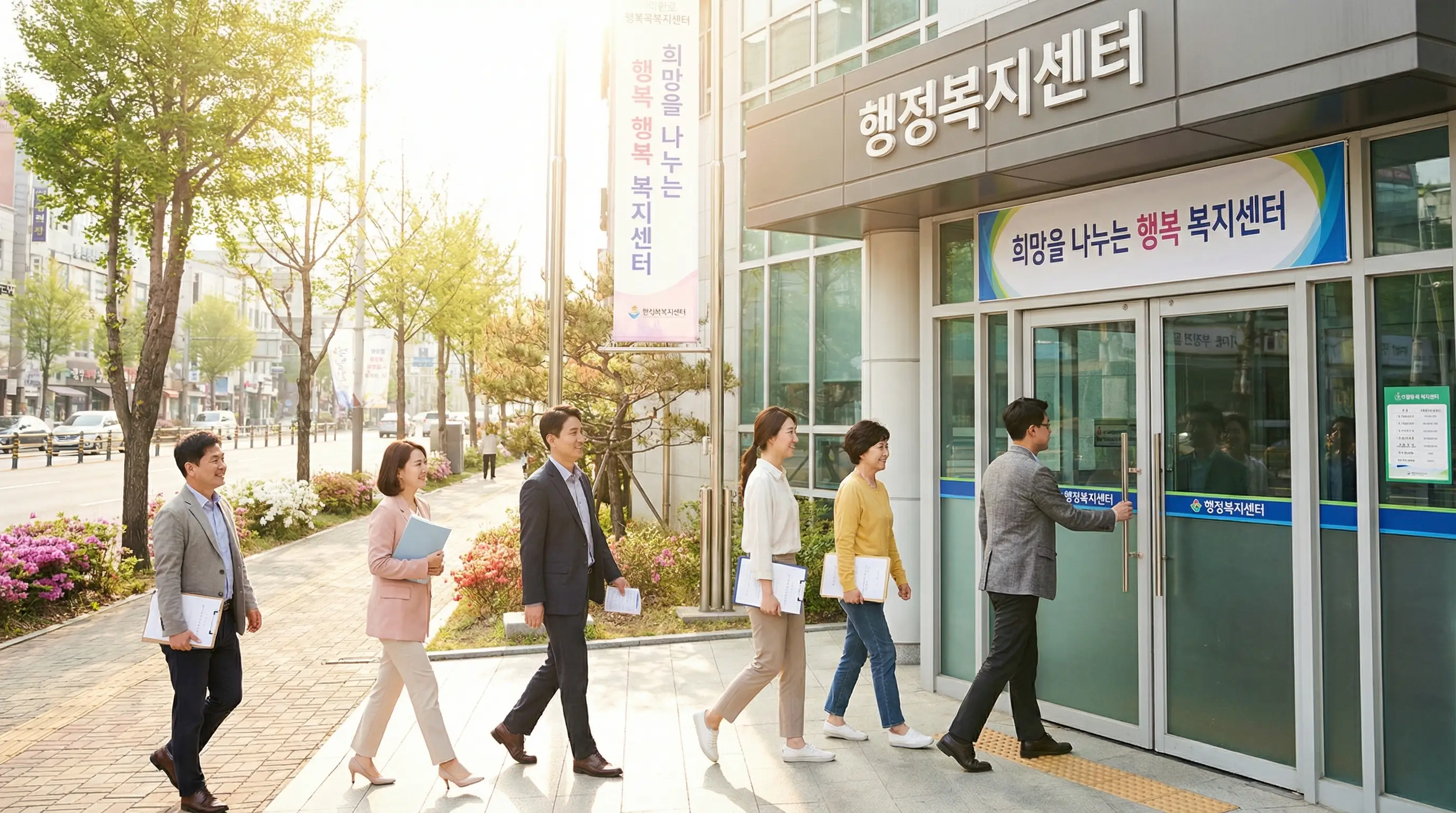 밝은 햇살이 비치는 행정복지센터 입구와 상담을 받으러 들어가는 희망찬 발걸음