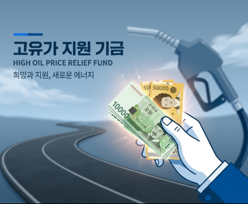 2026년 고유가 피해지원금을 상징하는 이미지로, 푸른색 계열의 배경과 주유기 앞에서 돈을 받고 있는 손의 모습. 생활비 부담 경감과 정부 지원의 희망을 표현.