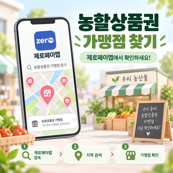 제로페이맵에서 지역을 검색해 주변 농할상품권 사용처와 가맹점을 찾는 방법을 안내하는 이미지