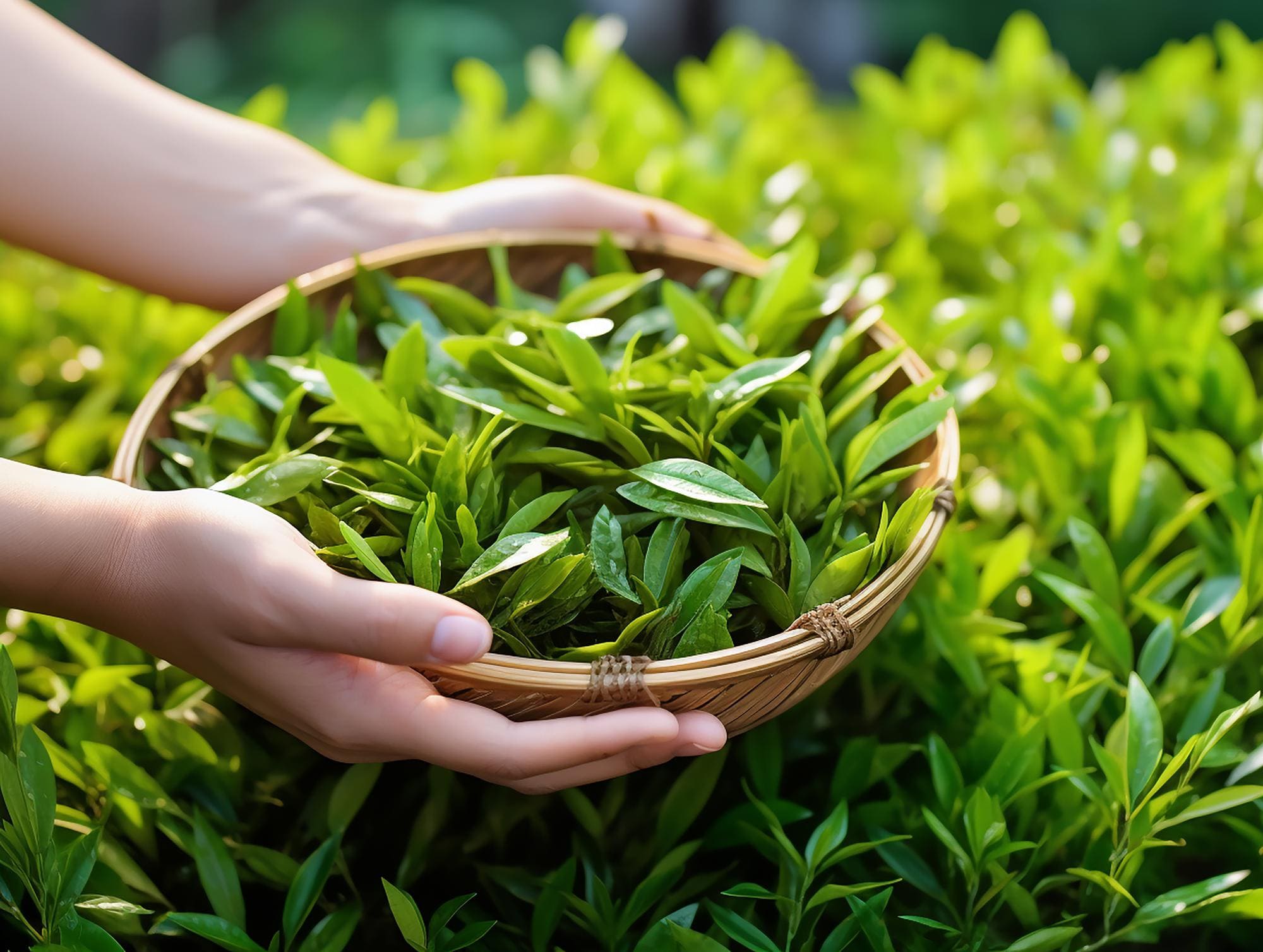 녹차밭에서 수확한 싱그러운 찻잎을 바구니에 담은 모습