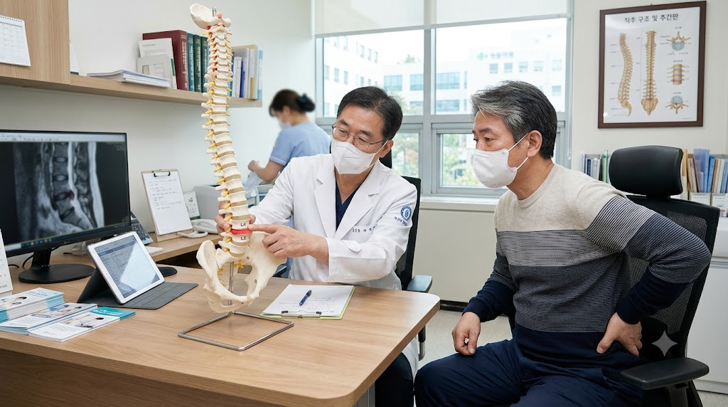 허리 디스크 수술, 시술 을 상담받으며 설명 듣는 이미지