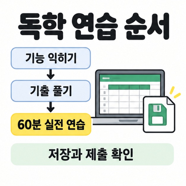 기능 익히기에서 기출 풀기와 60분 실전 연습으로 이어지는 화살표 옆에 노트북과 저장 그림을 놓고 저장과 제출 확인을 강조한 안내