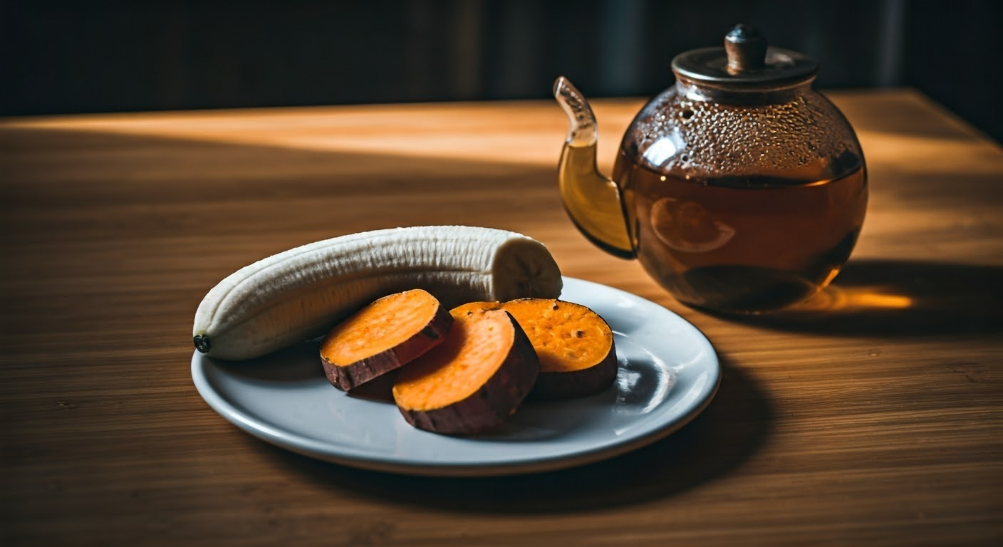 바나나, 고구마, 허브차가 놓인 심플한 접시