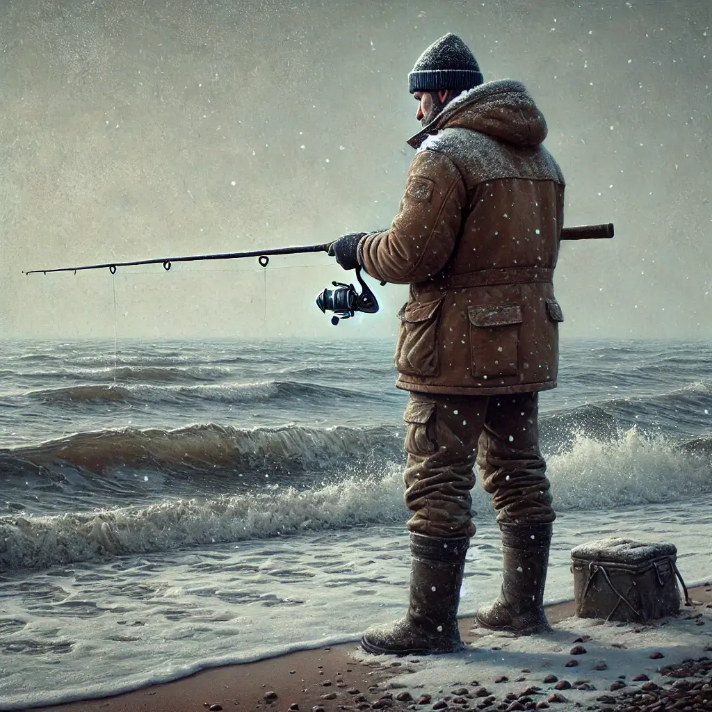 겨울 바다에서 낚시 준비를 하는 남성의 뒷모습