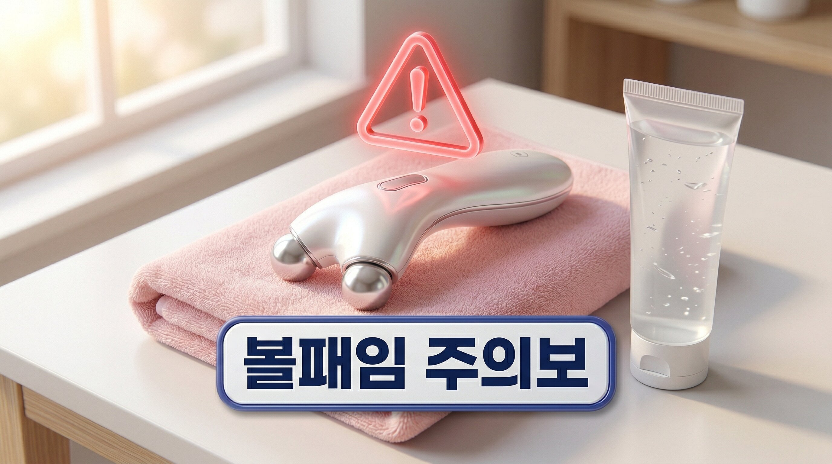 부드러운 분홍색 수건 위에 놓인 현대적인 뷰티 디바이스와 투명한 마사지 겔 튜브 위로 빛나는 빨간색 경고 삼각형이 떠 있는 3D 이미지 배경에, 짙은 그림자와 외곽선으로 선명하게 강조된 '볼패임 주의보'라는 한글 문구가 중앙에 적힌 일러스트