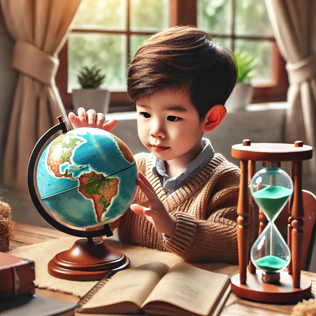 5살 정도 된 한국 아이가 나무 책상에 앉아 지구본을 손으로 돌리며 작은 모래시계를 호기심 어린 시선으로 바라보는 모습, 아늑하고 학구적인 분위기의 환경