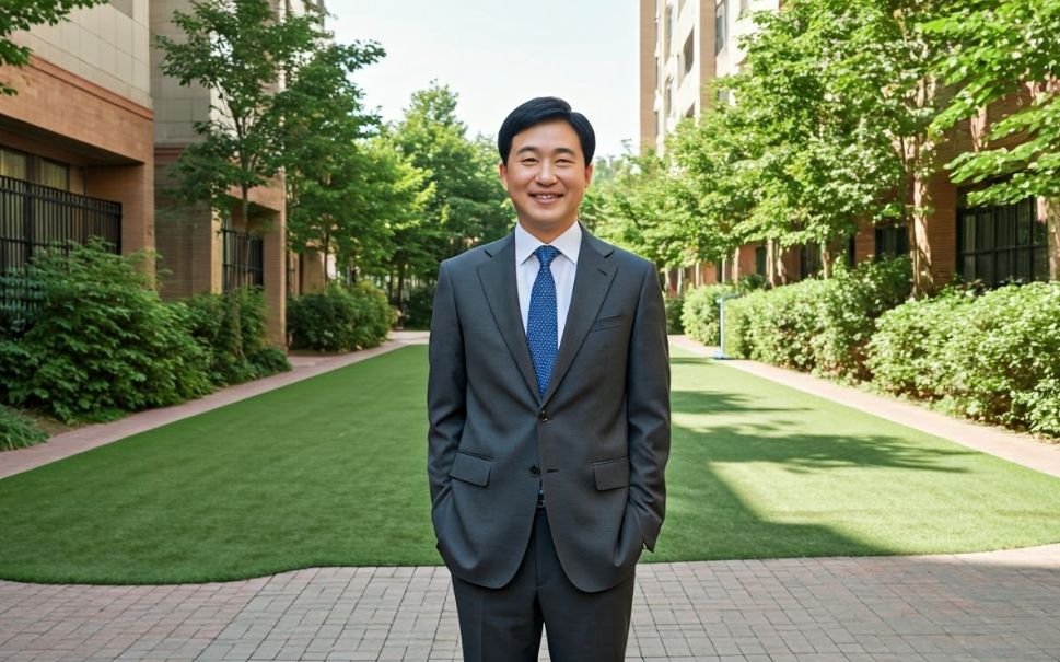 아파트 정원에 서 있는 주택관리사