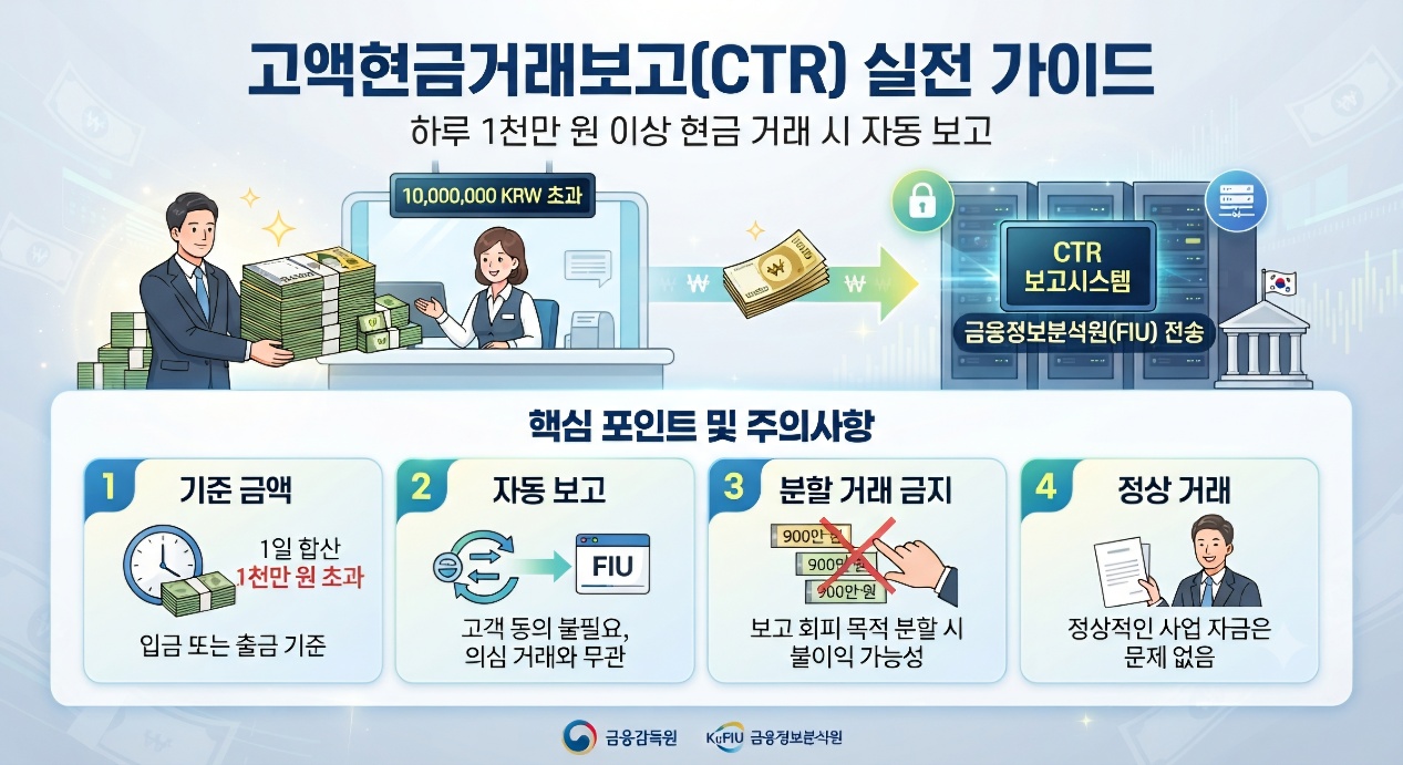 하루 1천만 원 이상 현금 거래 시 금융정보분석원(FIU)에 자동 보고되는 고액현금거래보고(CTR) 제도 안내.