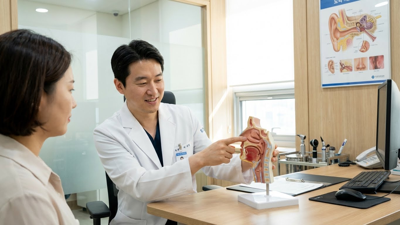밝은 진료실에서 이비인후과 의사가 환자에게 코 모형을 이용해 비용종의 위치와 수술 방법을 설명하는 모습