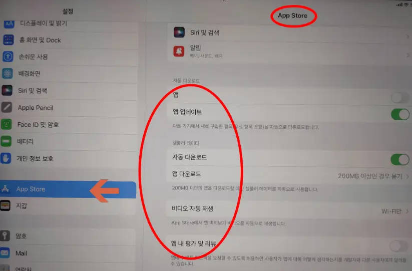 설정-앱스토어화면에있는앱과앱업데이트-자동다운로드-비디오자동재생-앱내평가및리뷰메뉴