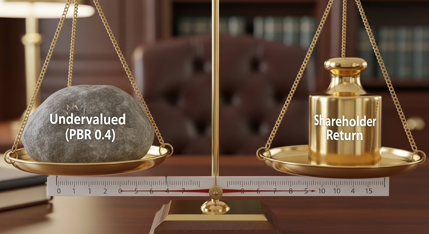 Image of a scale balancing a rock marked 'Undervalued (PBR 0.4)' on one side and a golden weight marked 'Shareholder Return' on the other.
