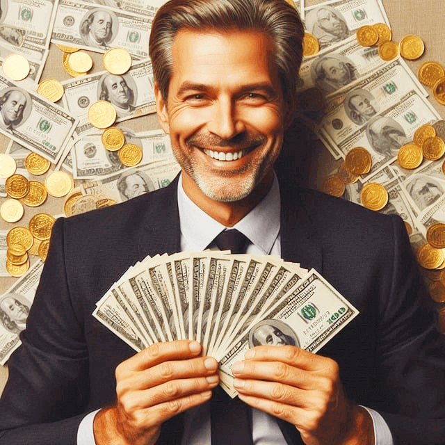 중년의 백인 남자가 양복을 입고 웃으면서 달러지폐를 가득 들고 있다. 부자이다.