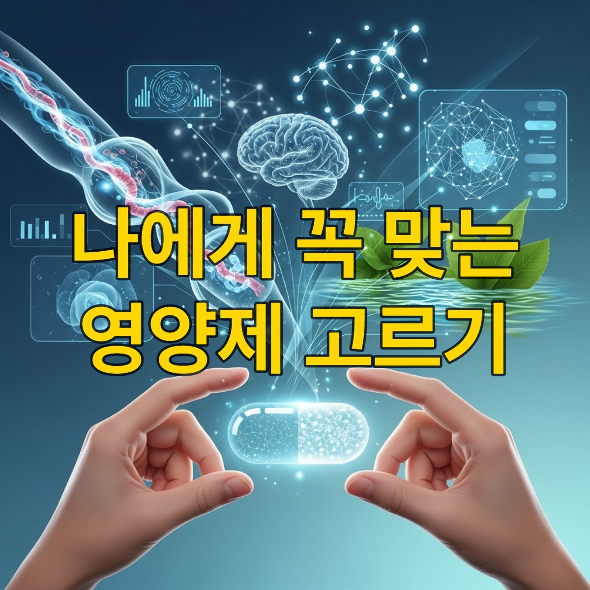 2025년 영양제 트렌드를 시각화한 이미지. 개인 맞춤형 영양제를 상징하는 디지털 패턴의 캡슐과 장 건강, 뇌 건강, 친환경 요소를 나타내는 추상적인 배경이 조화롭게 어우러진 현대적인 디자인.