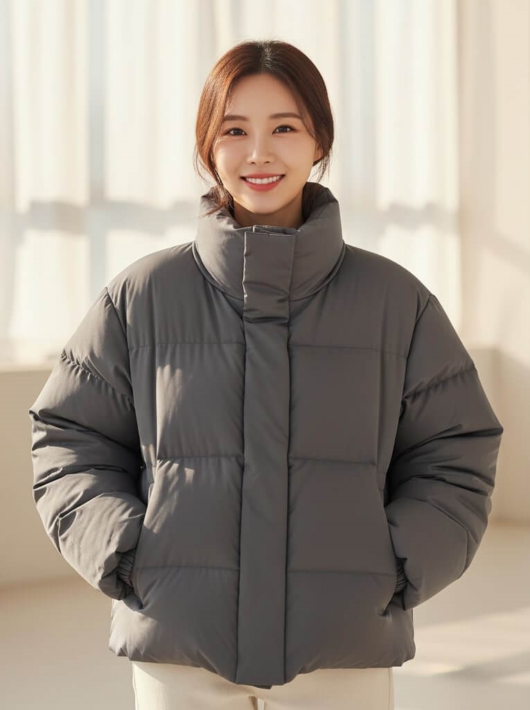회색 구스다운 패딩을 입고 미소짓는 여성