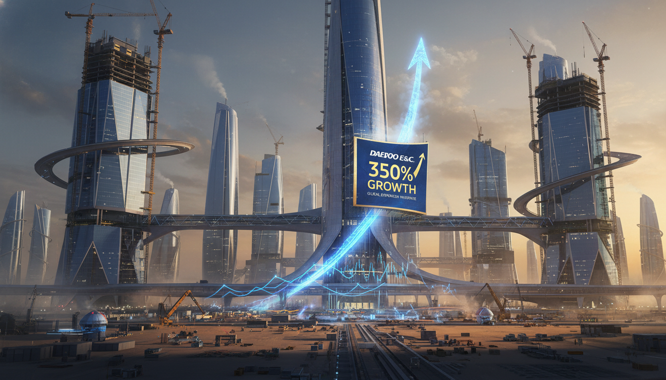 중동 메가 프로젝트와 대우건설 350% 주가 급등을 상징하는 파란색 상승 화살표 그래픽