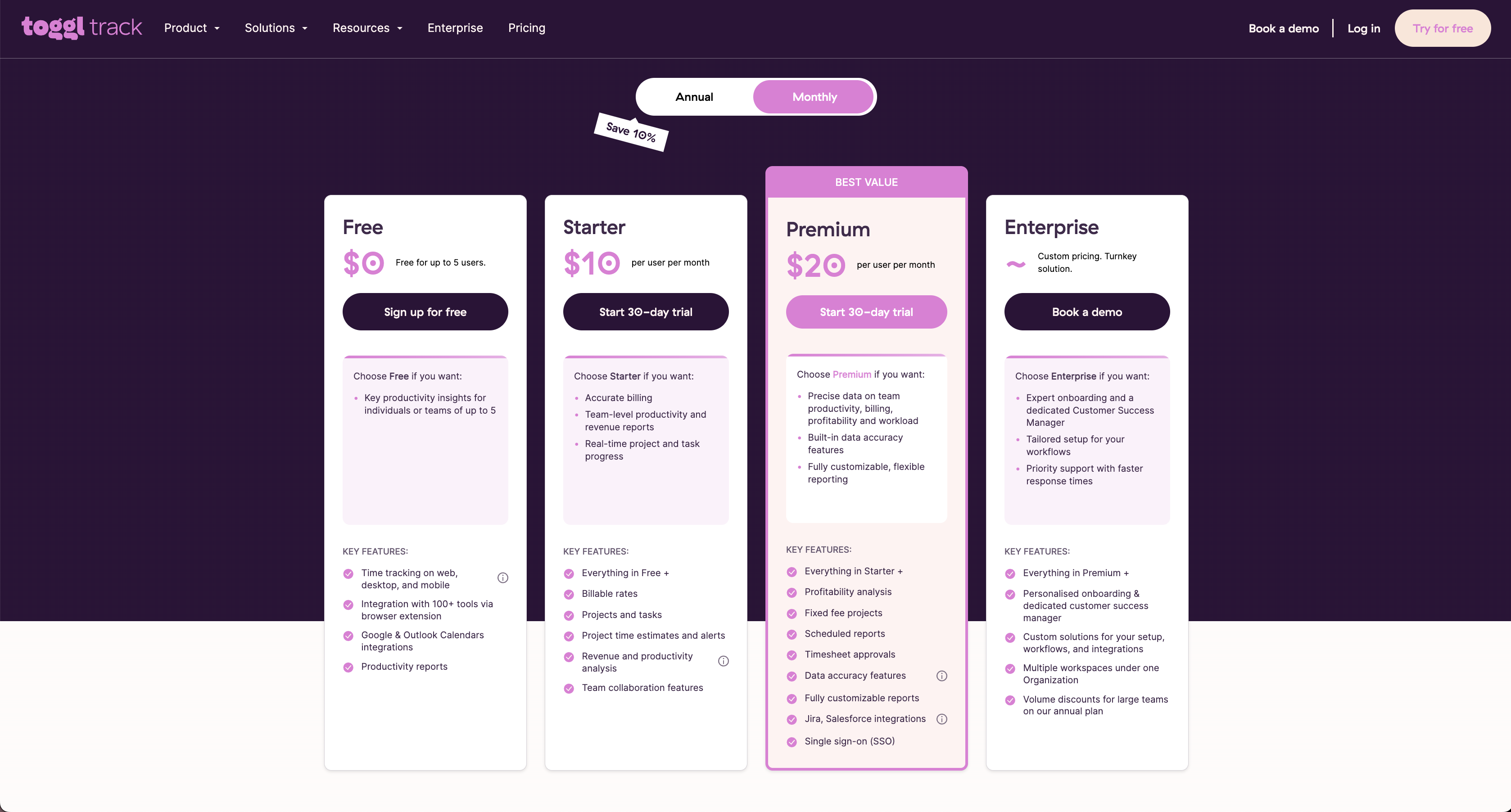 Toggl Track Pricing 프로젝트 생산성 관리 툴