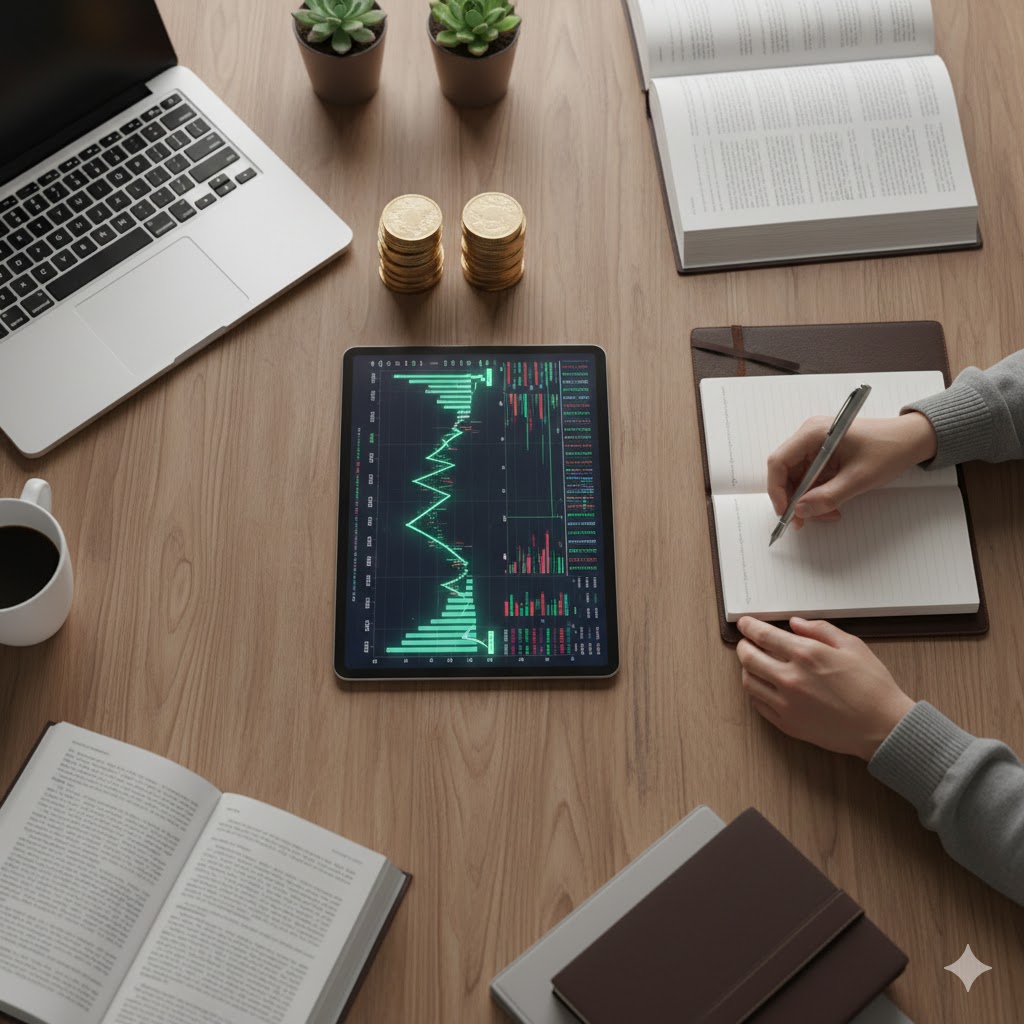 복잡한 세금 계산기 앞에서 밝은 미소를 짓는 투자자