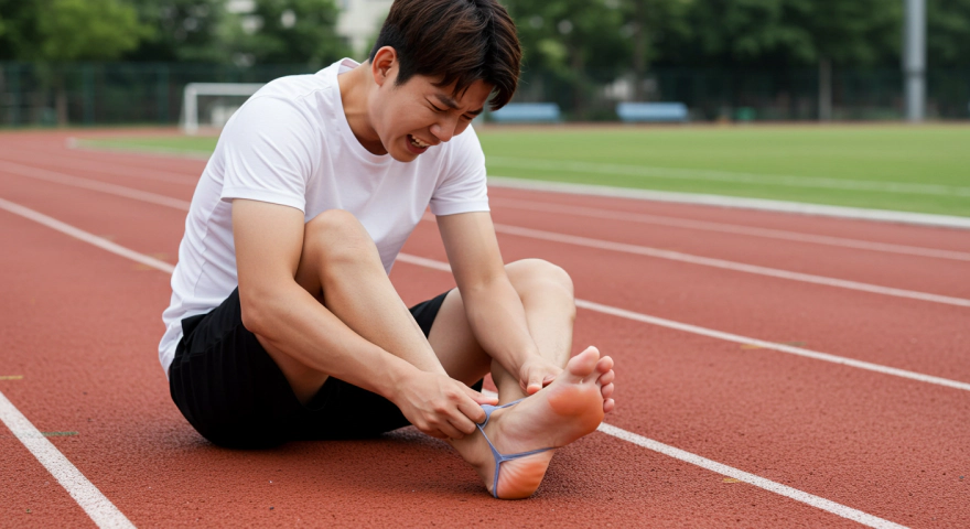러닝 후 발바닥을 주무르는 남성