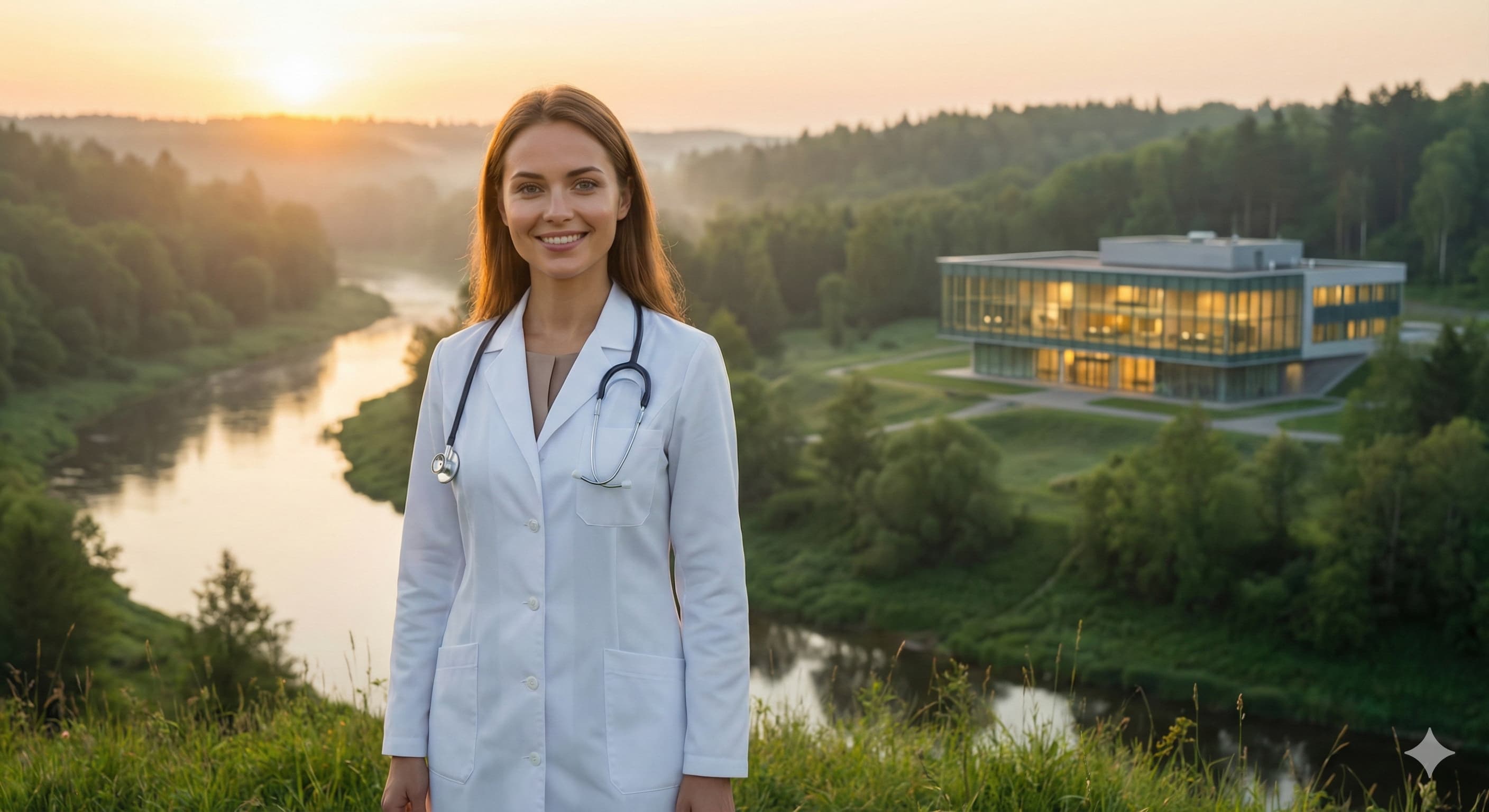 자연과 어우러진 미래형 병원 배경 앞에 서 있는 지적인 여성 의사 모델, 지역 의료의 밝은 미래 상징