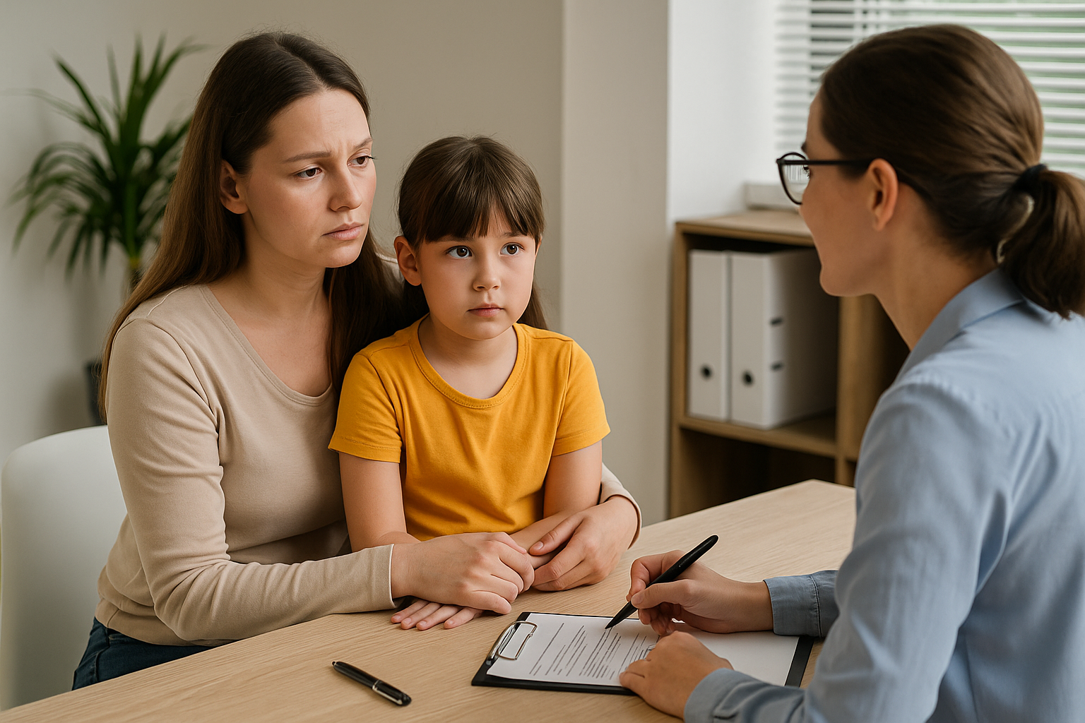 한부모가정 어머니가 아이와 함께 복지 상담을 받는 모습