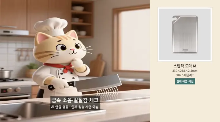 칼질 소음과 손의 피로를 살펴보는 약 5초 AI 연출 애니메이션, 오른쪽은 실제 상품 사진 고정 패널