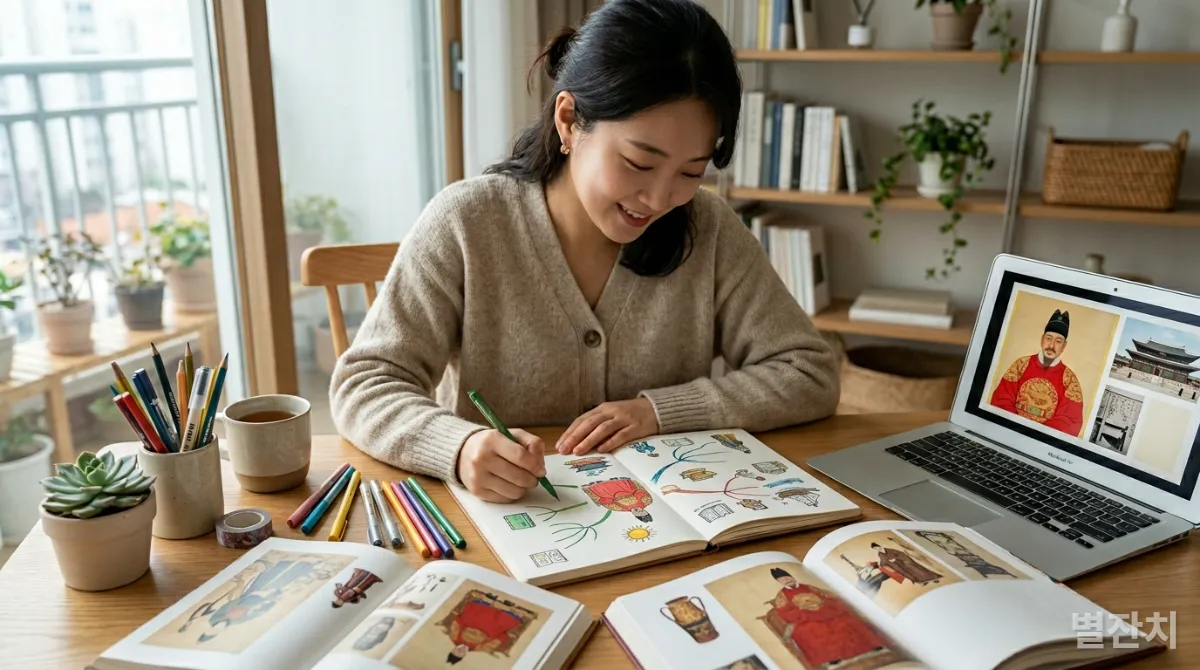 역사 인물 탐구 지도를 그리고 있는 젊은 한국 여성