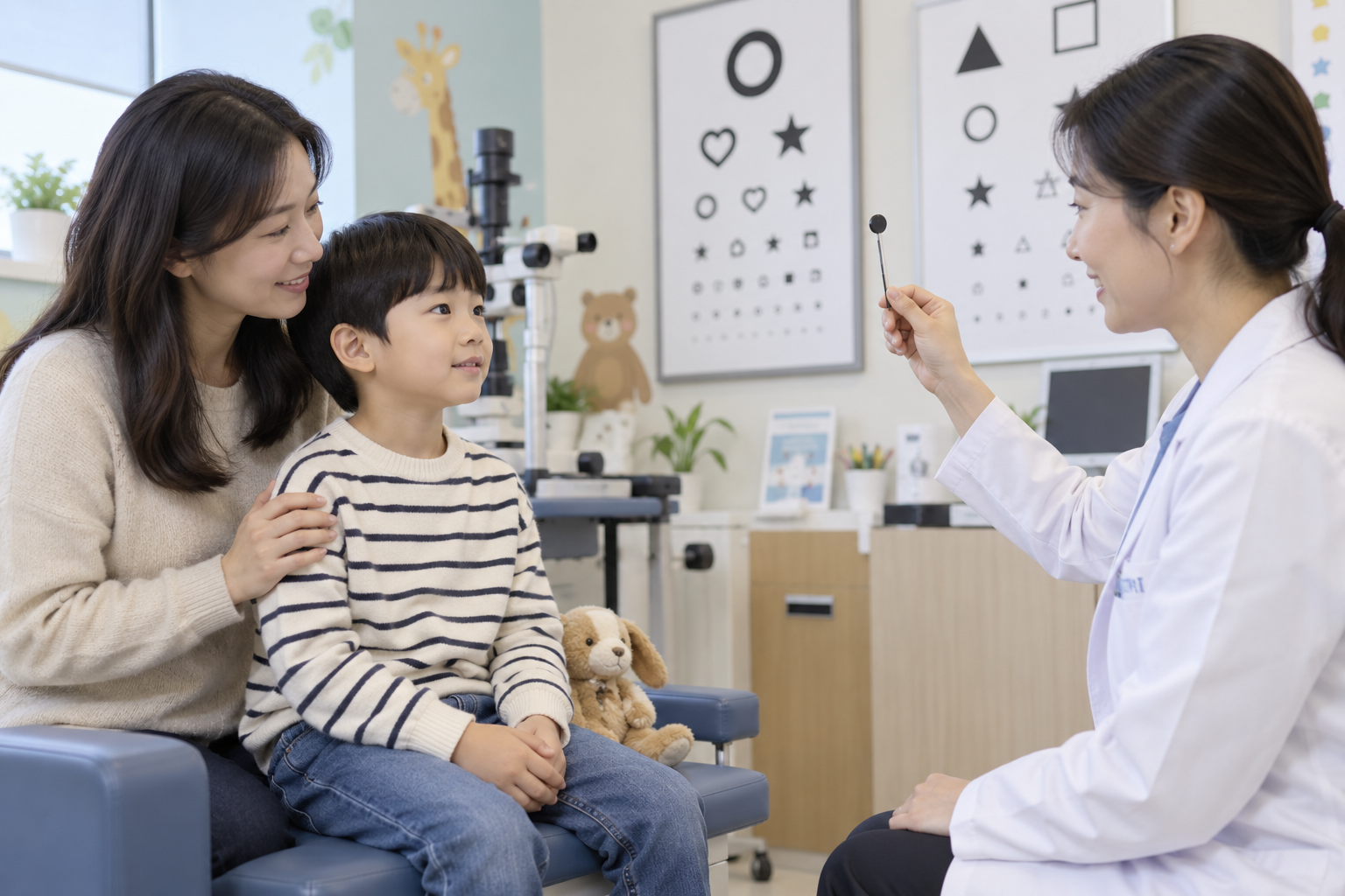 아이 눈이 한쪽으로 돌아가 보일 때, 가성사시와 소아안과 진료 준비 상황에서 부모와 아이가 필요한 정보를 확인하는 실제 생활 장면