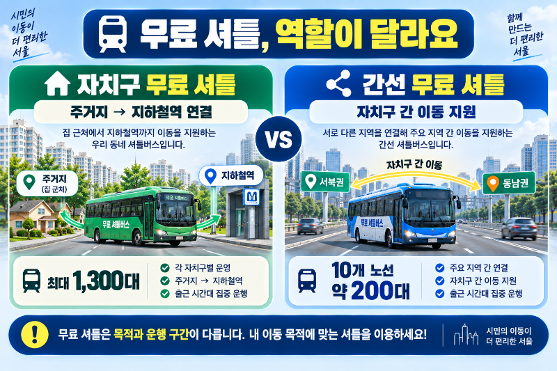 서울 버스 파업 자치구 무료 셔틀과 간선 무료 셔틀 차이를 비교한 인포그래픽