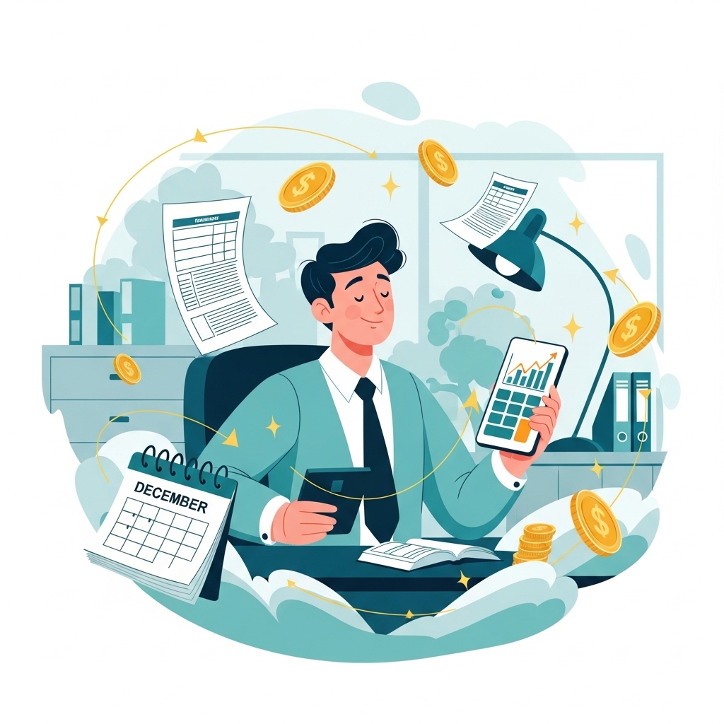 2025년 연말정산을 똑똑하게 준비하는 직장인이 계산기를 들고 환급액 상승 그래프를 확인하며 미소 짓는 모습