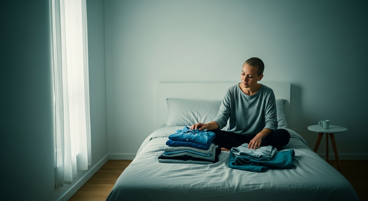 미니멀한 침실에서 한 사람이 물건을 보며 정리할지 고민하는 모습.